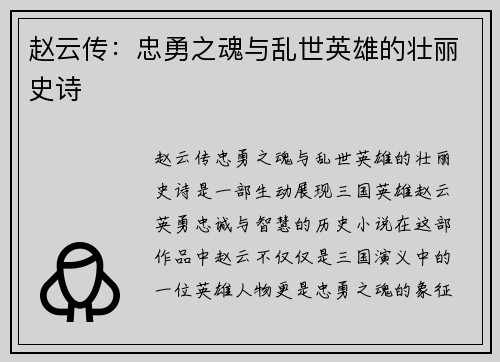 赵云传：忠勇之魂与乱世英雄的壮丽史诗