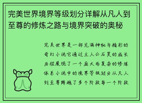 完美世界境界等级划分详解从凡人到至尊的修炼之路与境界突破的奥秘